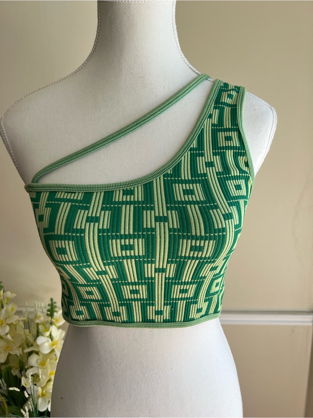 Zara Green and Cream One-Shoulder Knit Crop Top